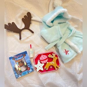American Girl Doll cookies for Santa with robe, a glass of milk, and story book.